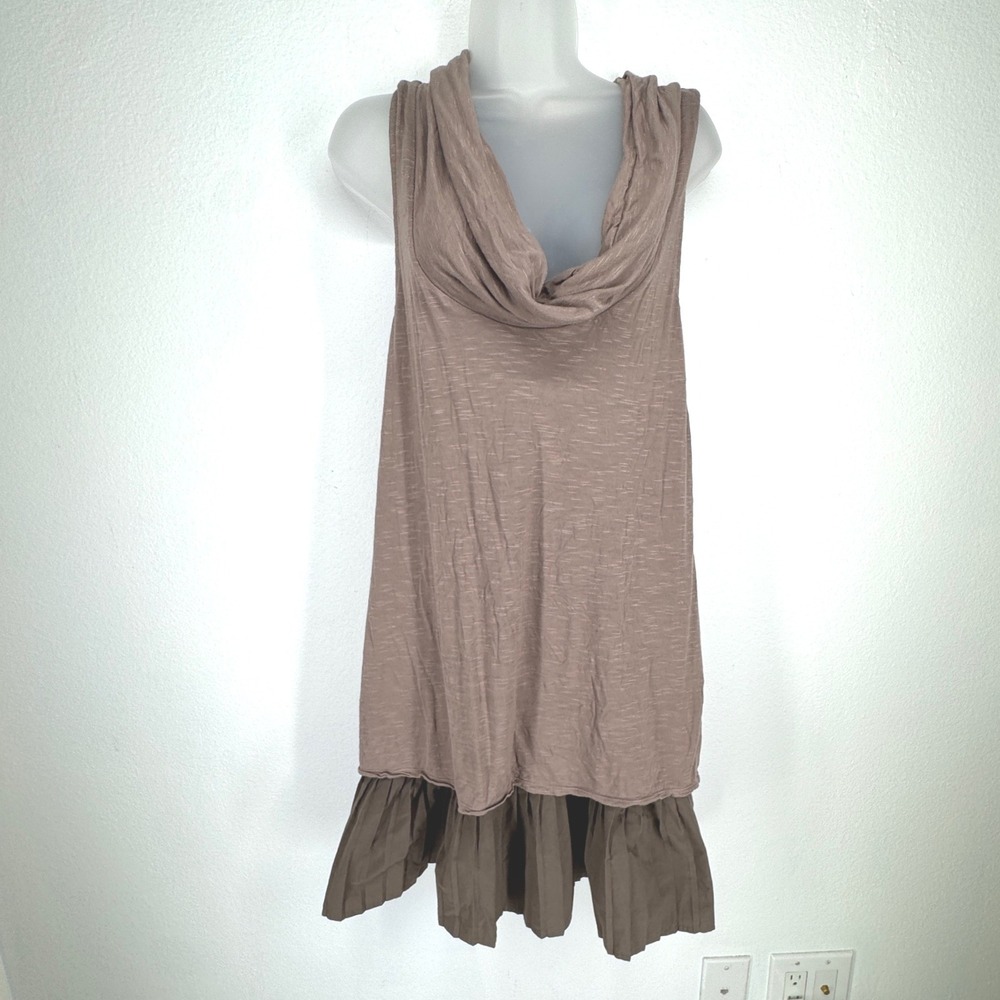 Free People Brown Slub Knit Cowl Neck Pleated Drop Waist Mini Dress Large Earthy